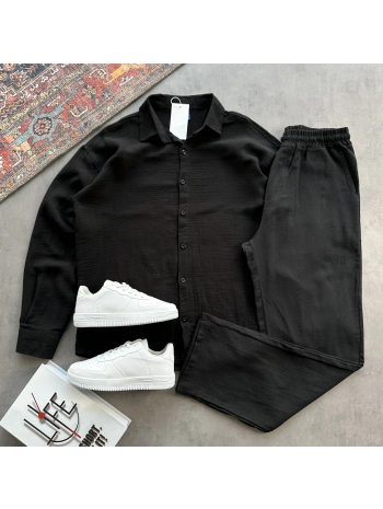 Erkek Siyah Müslin Kumaş Gömlek & Siyah Ham Keten Pantolon