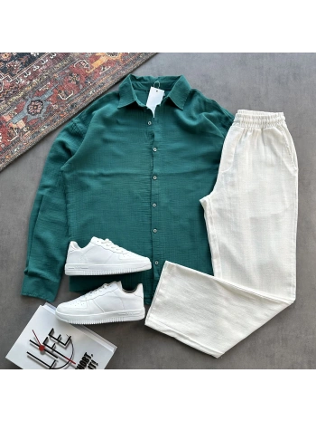 Erkek Zümrüt Müslin Kumaş Gömlek & Beyaz Ham Keten Pantolon