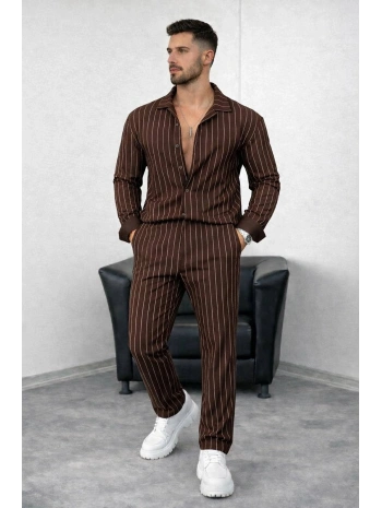 Kahverengi Krep Kumaş Çizgili Gömlek Pantolon Takım