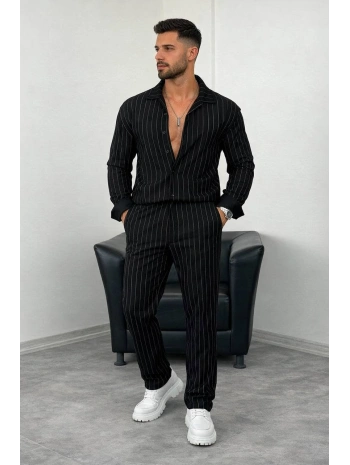 Siyah Krep Kumaş Çizgili Gömlek Pantolon Takım