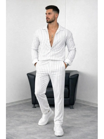 Beyaz Krep Kumaş Çizgili Gömlek Pantolon Takım