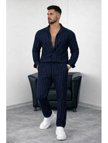Lacivert Krep Kumaş Çizgili Gömlek Pantolon Takım
