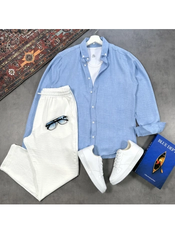 Erkek Bebe Mavi Krinkıl Keten Gömlek & Beyaz Pantolon Takım