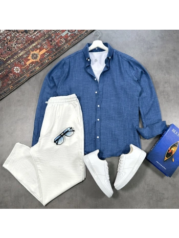 Erkek Lacivert Krinkıl Keten Gömlek & Beyaz Pantolon Takım