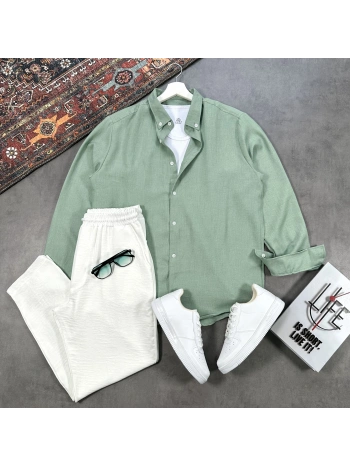 Erkek Yeşil Krinkıl Keten Gömlek & Beyaz Pantolon Takım