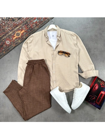 Erkek Bej Krinkıl Keten Gömlek & Kahverengi Pantolon Takım