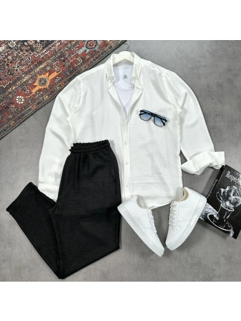 Erkek Beyaz Krinkıl Keten Gömlek & Siyah Pantolon Takım