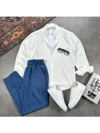 Erkek Beyaz Krinkıl Keten Gömlek & Lacivert Pantolon Takım
