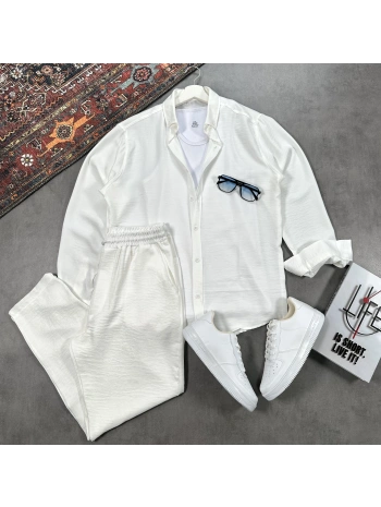 Erkek Beyaz Krinkıl Keten Gömlek & Beyaz Pantolon Takım