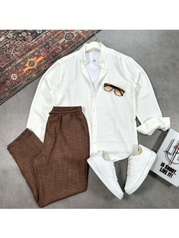 Erkek Beyaz Krinkıl Keten Gömlek & Kahverengi Pantolon Takım