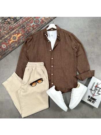 Erkek Kahverengi Krinkıl Keten Gömlek & Bej Pantolon Takım