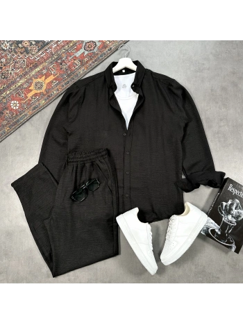 Erkek Siyah Krinkıl Keten Gömlek & Siyah Pantolon Takım