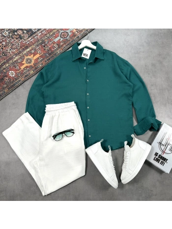Erkek Yeşil Müslin Gömlek & Beyaz Pantolon Takım