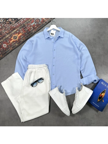 Erkek Bebe Mavi Müslin Gömlek & Beyaz Pantolon Takım