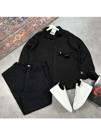 Erkek Siyah Müslin Gömlek & Siyah Pantolon Takım