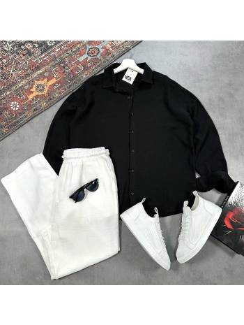 Erkek Siyah Müslin Gömlek & Beyaz Pantolon Takım