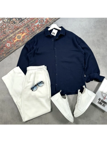 Erkek Lacivert Müslin Gömlek & Beyaz Pantolon Takım