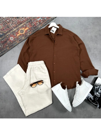Erkek Kahverengi Müslin Gömlek & Beyaz Pantolon Takım