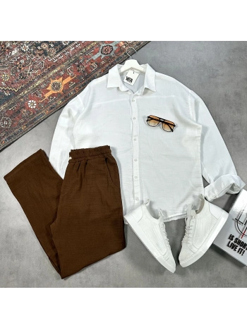 Erkek Beyaz Müslin Gömlek & Kahverengi Pantolon Takım