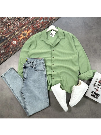 Erkek Yeşil Ottoman Fitilli Gömlek & Mavi Slim Fit Kot Pantolon 2li Set