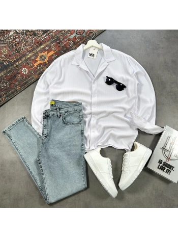 Erkek Beyaz Ottoman Fitilli Gömlek & Mavi Slim Fit Kot Pantolon 2li Set