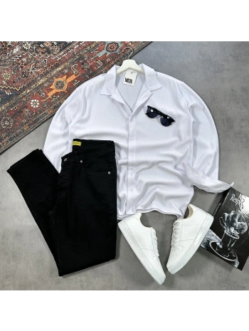 Erkek Beyaz Ottoman Fitilli Gömlek & Siyah Slim Fit Kot Pantolon 2li Set