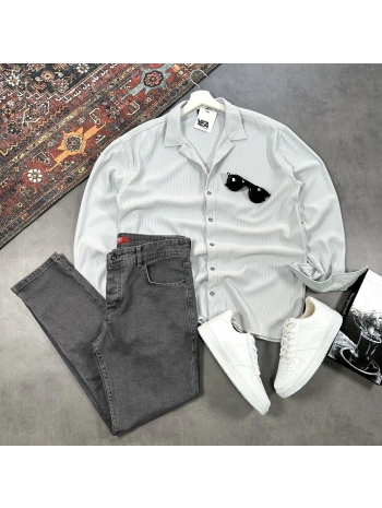 Erkek Gri Ottoman Fitilli Gömlek & Füme Slim Fit Kot Pantolon 2li Set