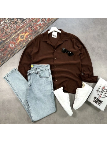 Erkek Acı Kahve Ottoman Fitilli Gömlek & Mavi Slim Fit Kot Pantolon 2li Set