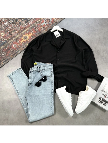 Erkek Siyah Ottoman Fitilli Gömlek & Mavi Slim Fit Kot Pantolon 2li Set