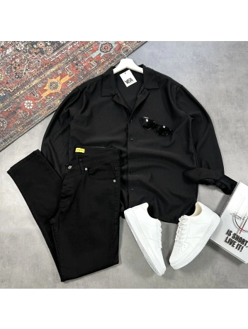 Erkek Siyah Ottoman Fitilli Gömlek & Siyah Slim Fit Kot Pantolon 2li Set