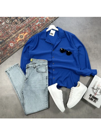 Erkek Lacivert Ottoman Fitilli Gömlek & Mavi Slim Fit Kot Pantolon 2li Set