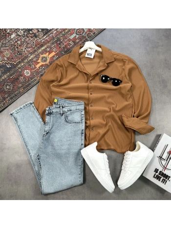 Erkek Kahverengi Ottoman Fitilli Gömlek & Mavi Slim Fit Kot Pantolon 2li Set