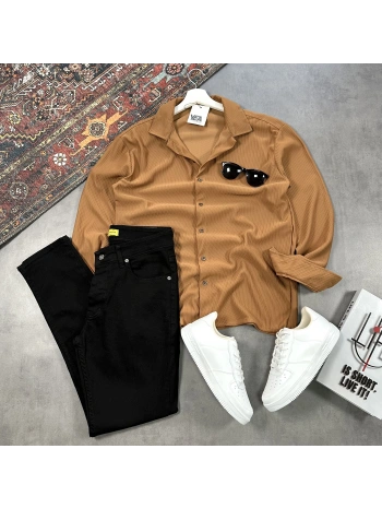 Erkek Kahverengi Ottoman Fitilli Gömlek & Siyah Slim Fit Kot Pantolon 2li Set