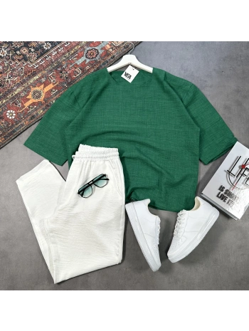 Erkek Yeşil Oversize Bisiklet Yaka T-shirt & Beyaz Pantolon Takım