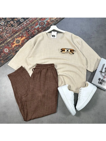 Erkek Bej Oversize Bisiklet Yaka T-shirt & Kahverengi Pantolon Takım