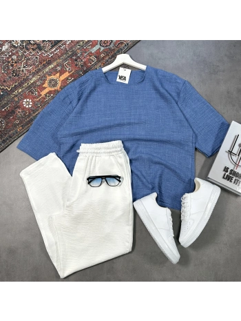 Erkek Lacivert Oversize Bisiklet Yaka T-shirt & Beyaz Pantolon Takım