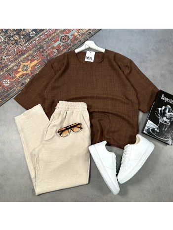 Erkek Kahverengi Oversize Bisiklet Yaka T-shirt & Bej Pantolon Takım