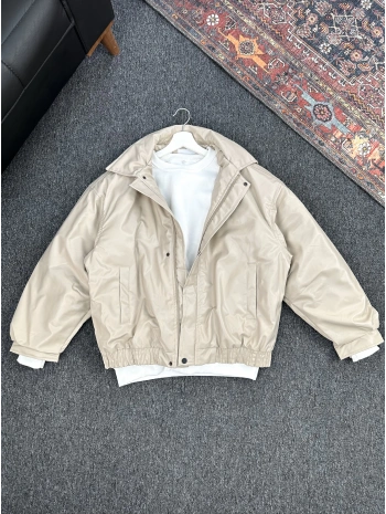 Bej Bomber Oversize Deri Ceket