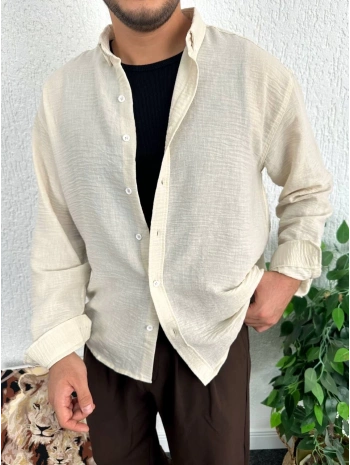 Bej Erkek Oversize Giesto Keten Gömlek