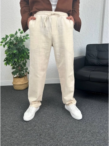 Bej Ham Keten Baggy Pantolon