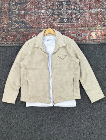 Bej Örme Hasır Kumaş Ceket