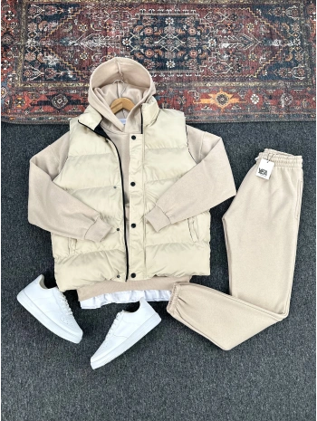Bej Şişme Yelek & Bej Kapüşonlu Sweat & Bej Eşofman Altı 3lü Set