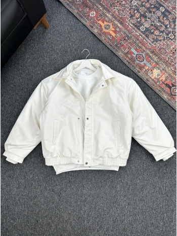 Beyaz Bomber Oversize Deri Ceket