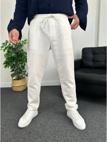 Beyaz Duble Paça Pileli Ham Keten Pantolon