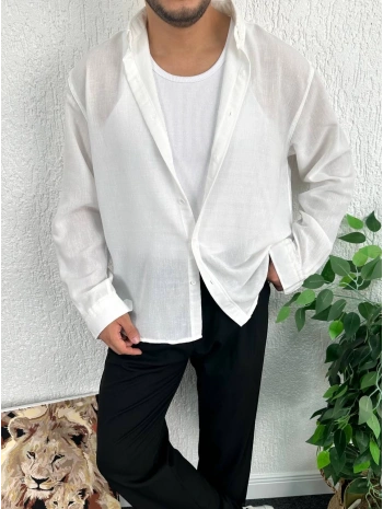 Beyaz Erkek Oversize Giesto Keten Gömlek