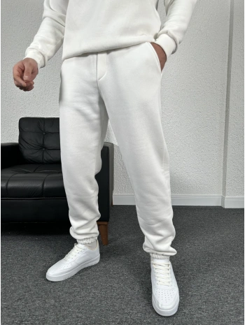 Beyaz Üç İplik Şardonlu Basic İçi Polarlı Eşofman Altı