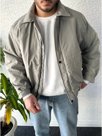 Gri Erkek Oversize Krinkıl Bomber Ceket