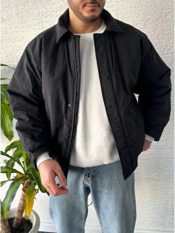 Siyah Erkek Oversize Krinkıl Bomber Ceket
