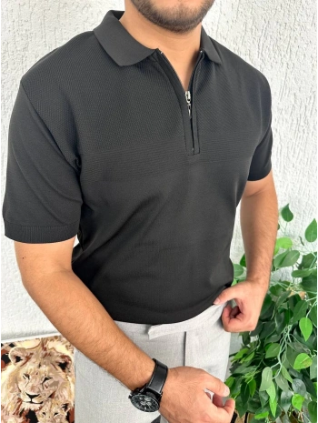 Füme Triko Pamuklu Fermuarlı Polo Yaka Tişört