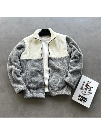 Gri Parçalı Peluş Ceket